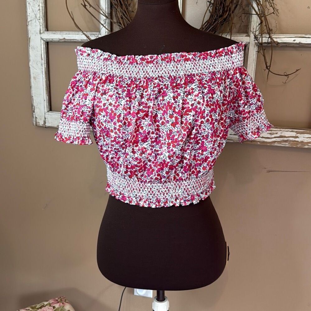 J Crew liberty fabrics floral smocked off the shoulder crop top size XL red whit